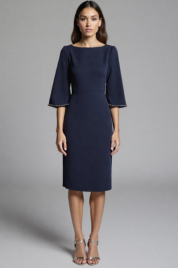 Navy Sheath Midi Dress with Flutter Sleeves